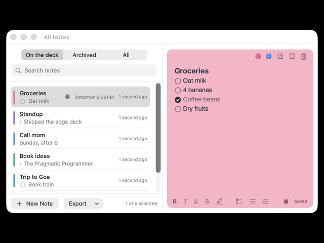 All Notes window with the list on the left and a note on the right