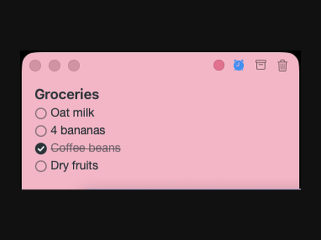 A note open in its own window with checkboxes